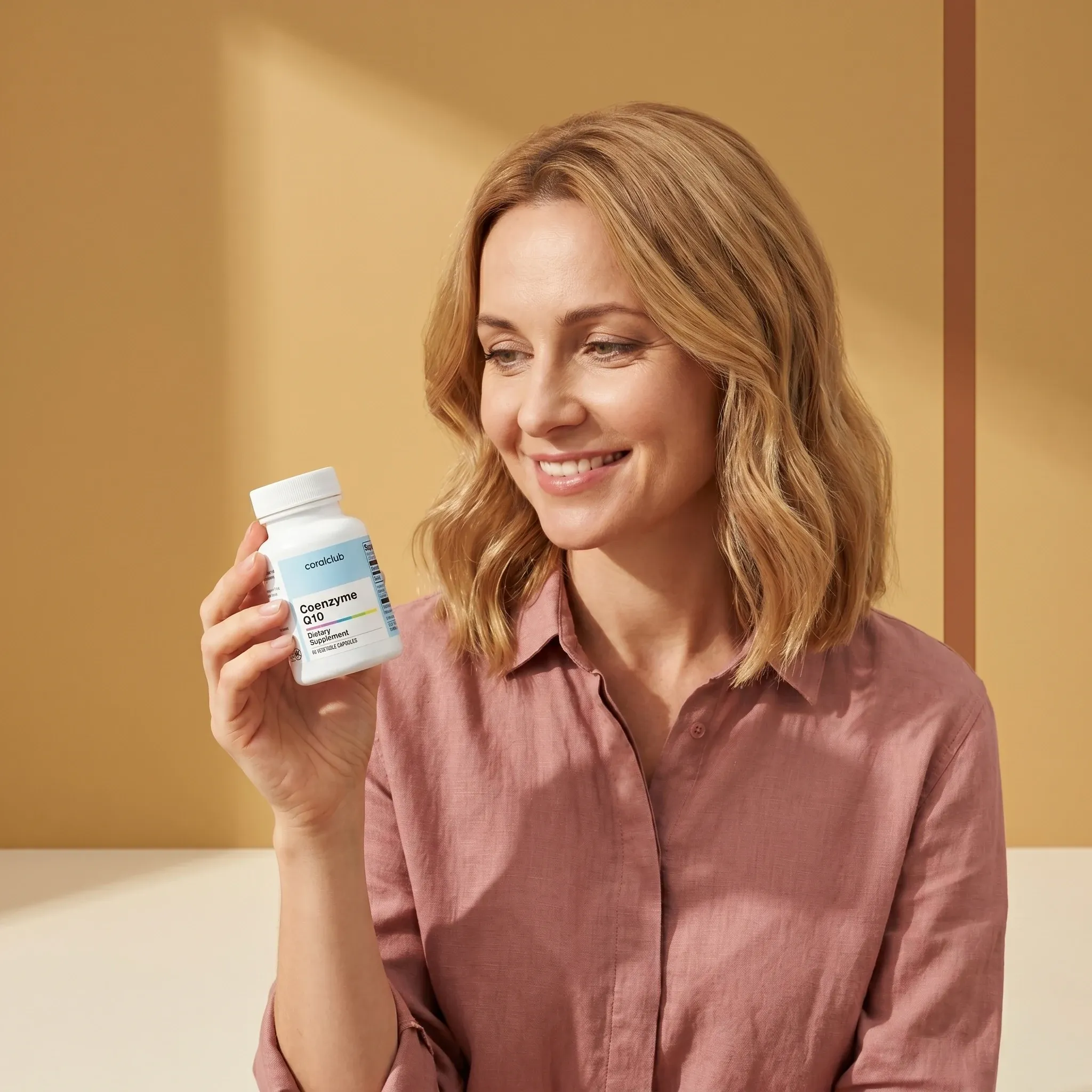 Kobieta trzyma opakowanie produktu Coenzyme Q10