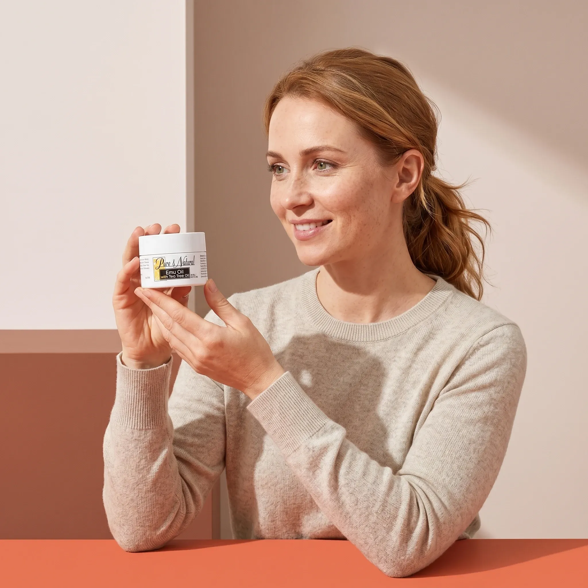 Kobieta trzyma opakowanie produktu Emu Oil with Tea Tree Oil