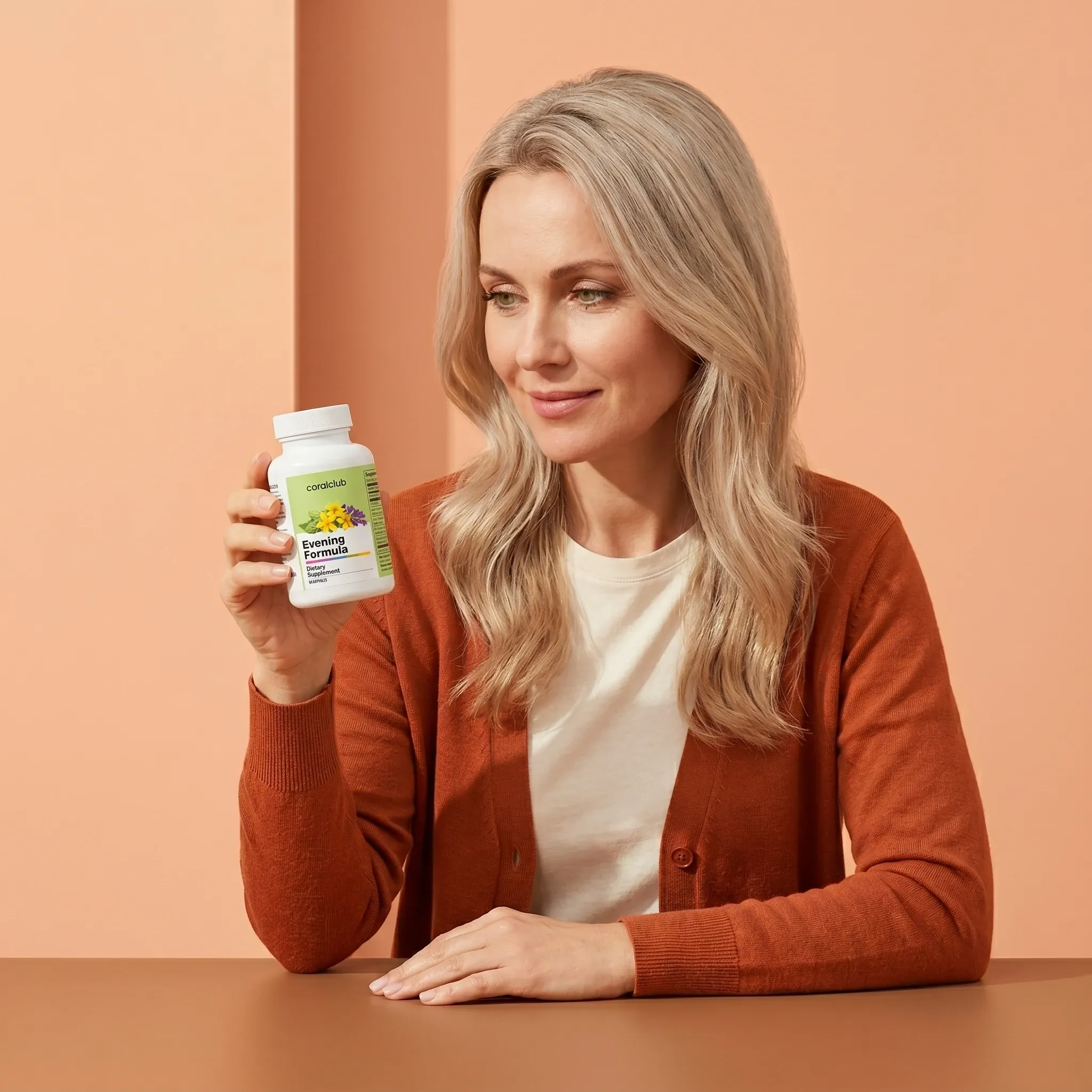 Kobieta trzyma opakowanie produktu Evening Formula