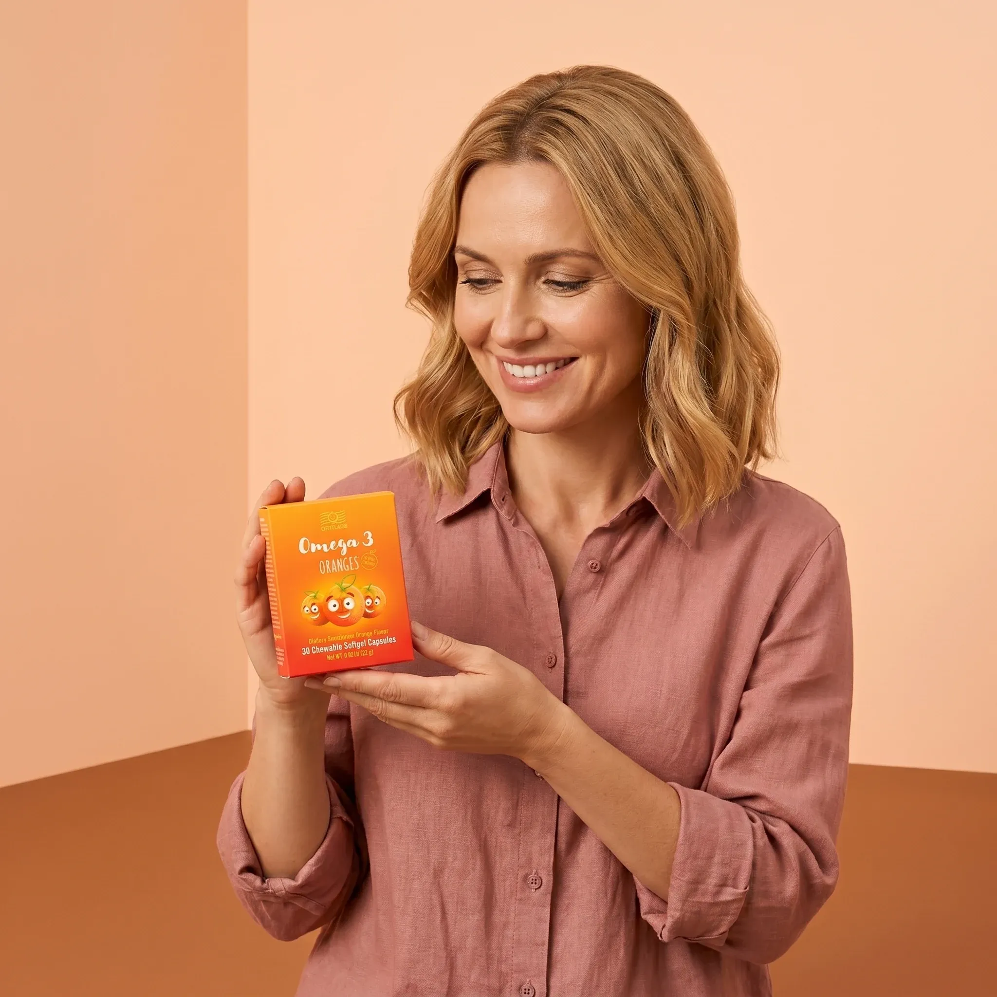 Kobieta trzyma opakowanie produktu Omega 3 Oranges
