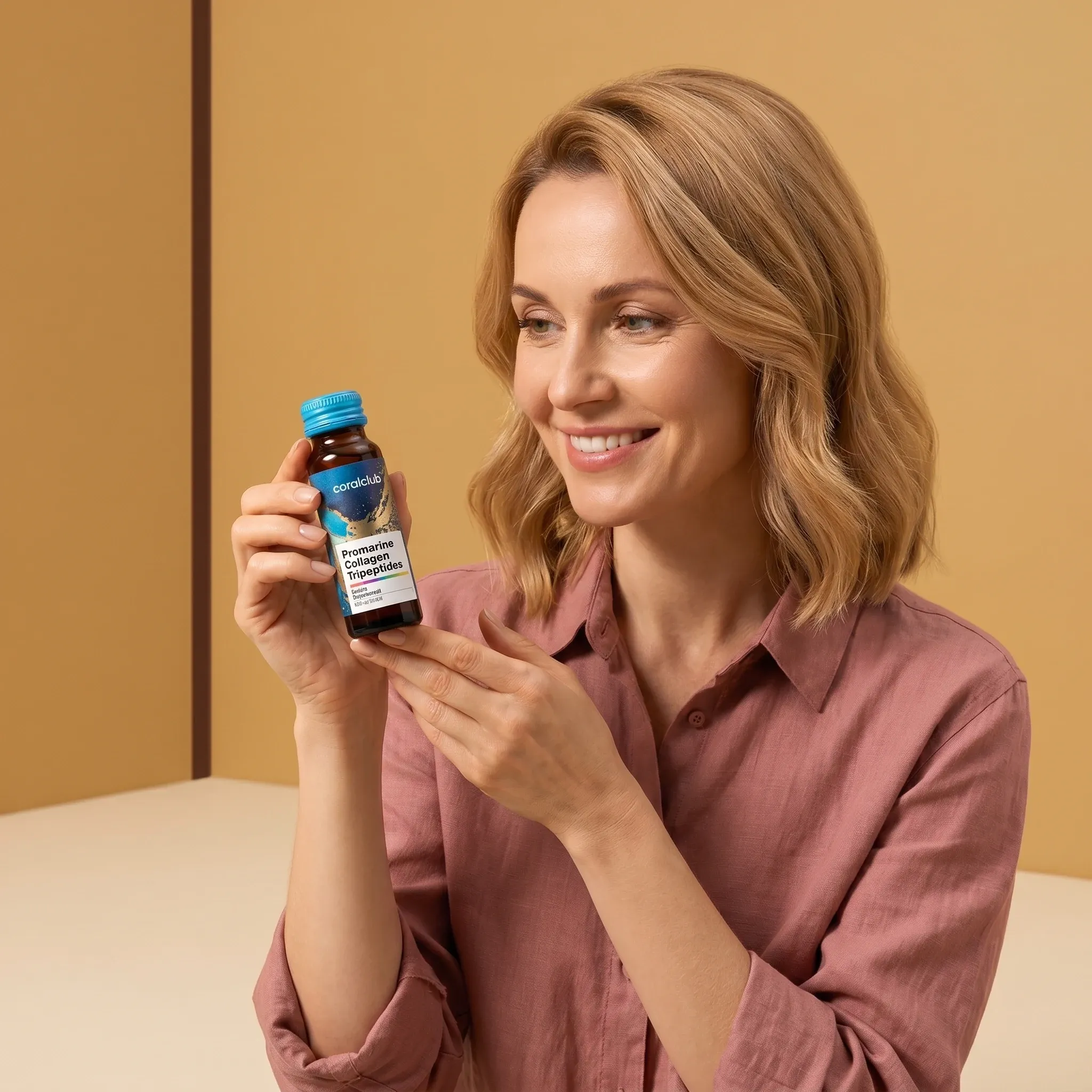 Kobieta trzyma opakowanie produktu Promarine Collagen Tripeptides