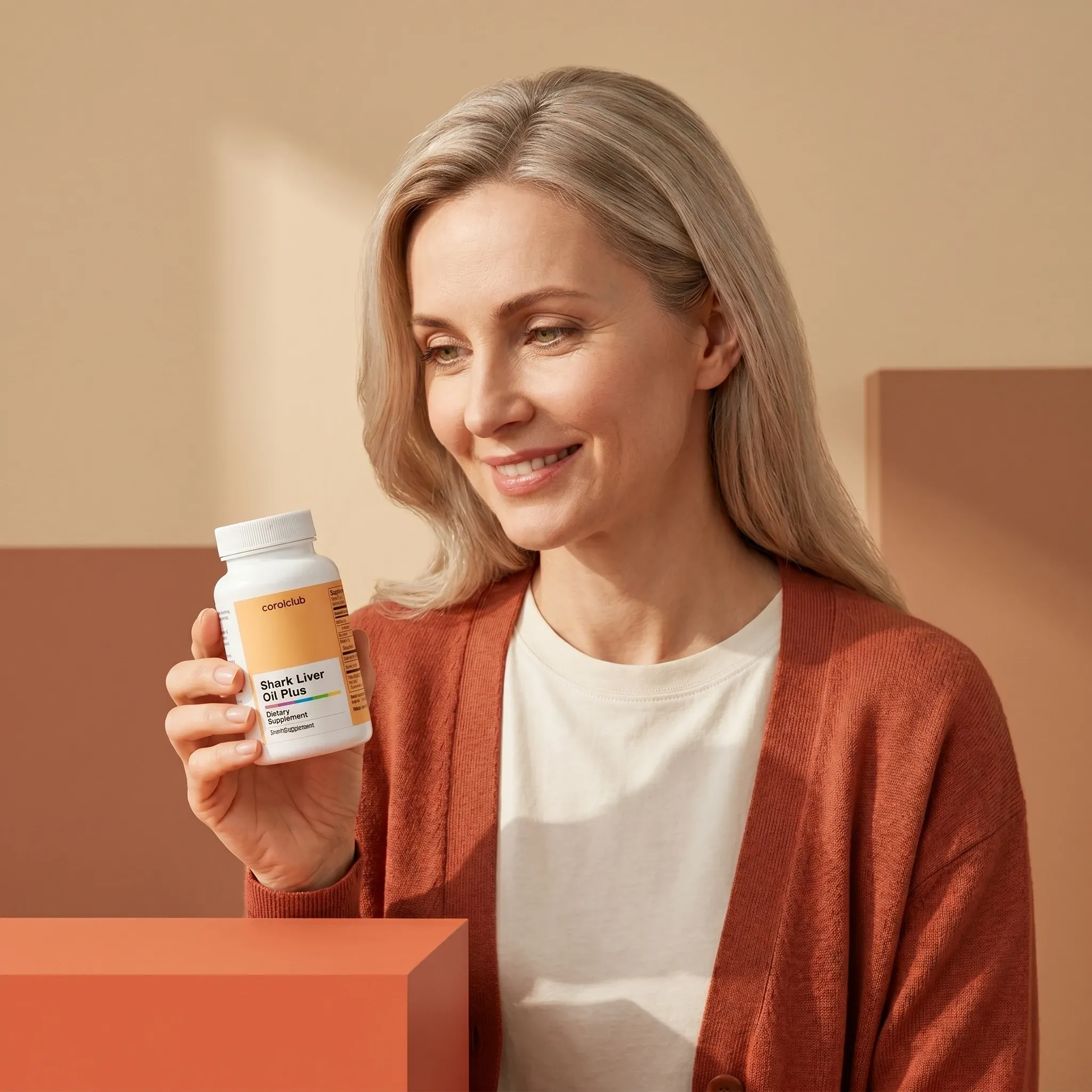 Kobieta trzyma opakowanie produktu Shark Liver Oil Plus