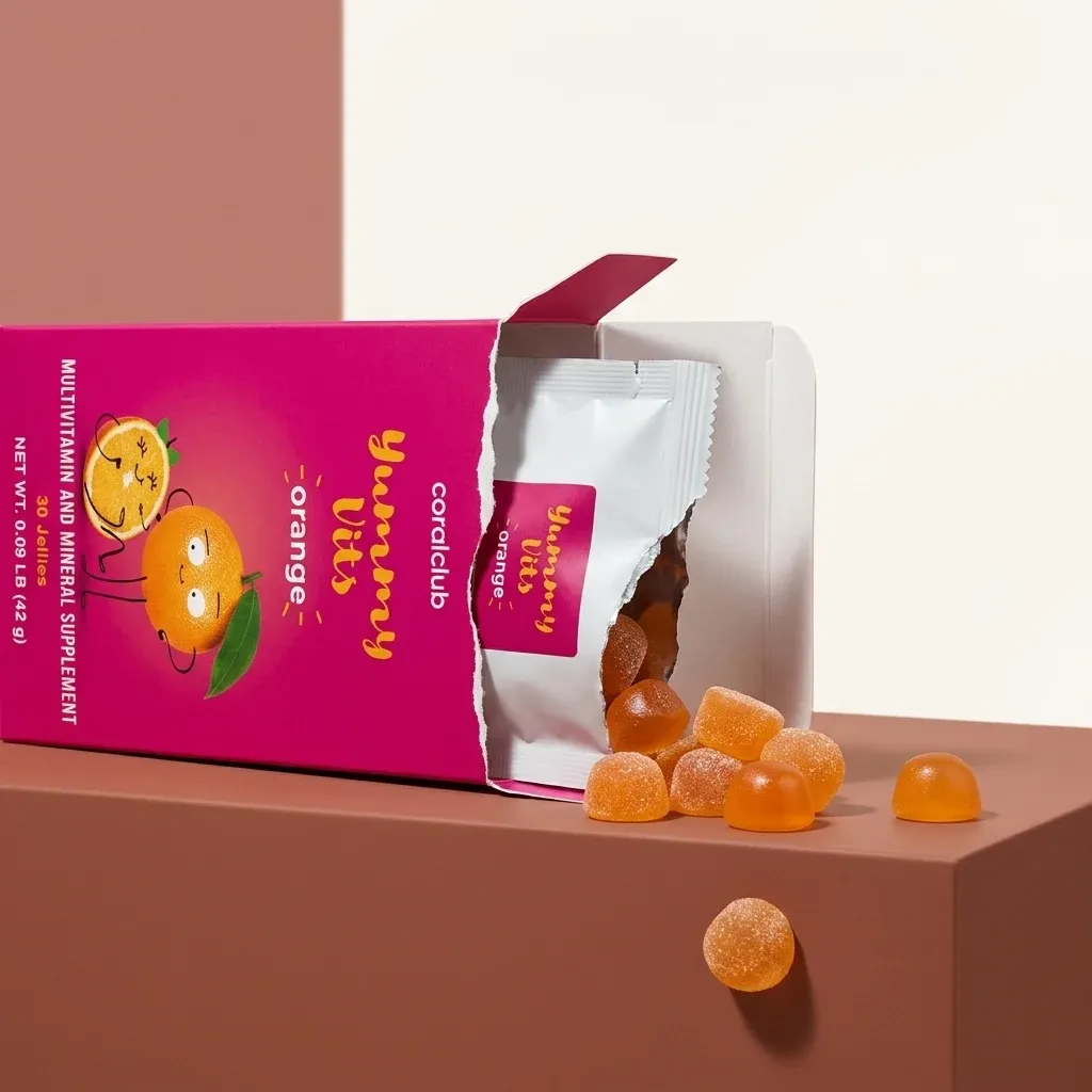 Opakowanie produktu Yummy Vits o smaku pomarańczowym z bliska