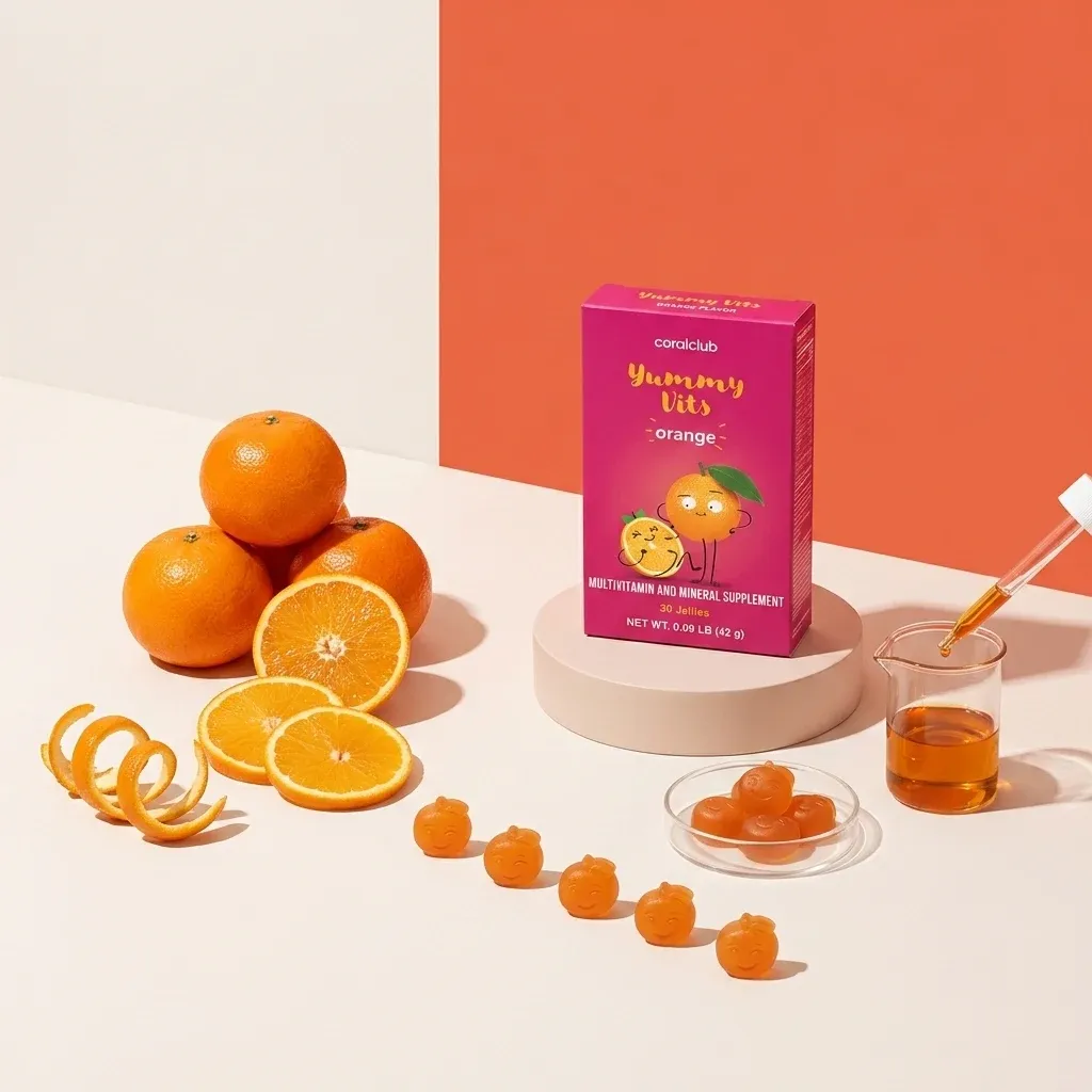 Opakowanie i składniki produktu Yummy Vits o smaku pomarańczowym
